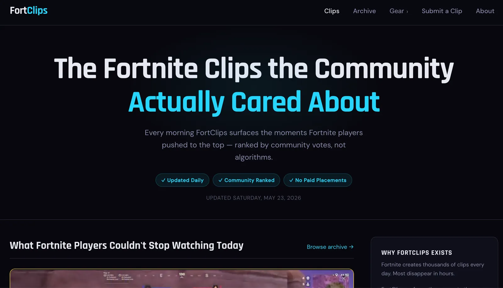 FortClips homepage: a focused Fortnite clip discovery site