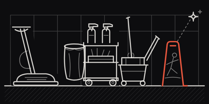 Line art: a janitor's cart, a floor buffer and a wet floor sign