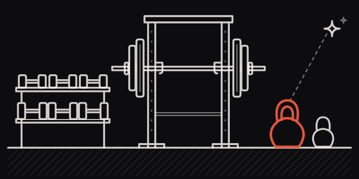 Line art: a power rack with a loaded barbell, a dumbbell rack and a kettlebell