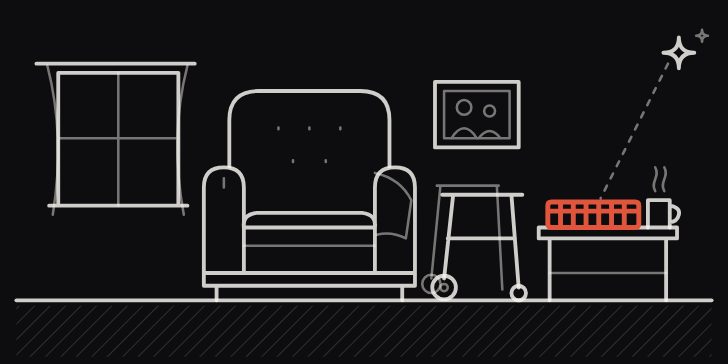 Line art: an armchair, a walker and a pill organizer in a living room