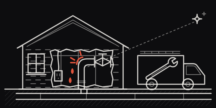 Line art: a house wall cut open to its pipes, and a service van