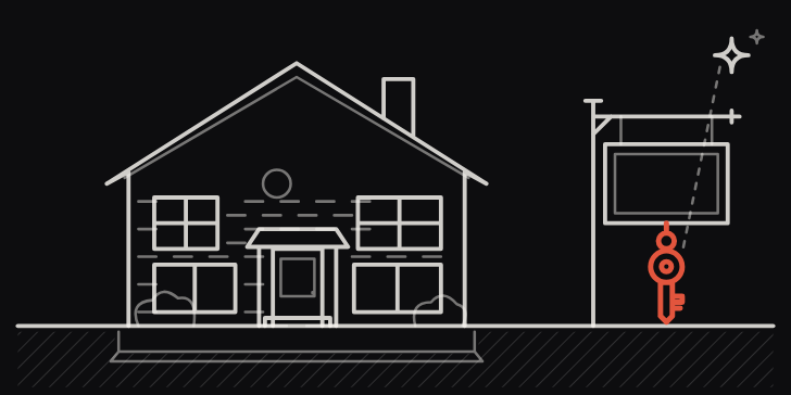 Line art: a house with a hanging yard sign and a key