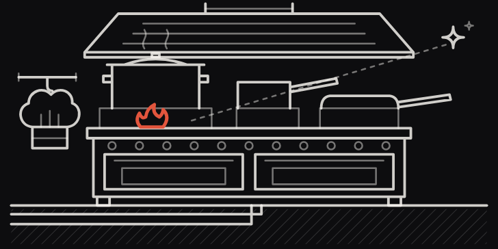 Line art: a kitchen range with pots on the flame